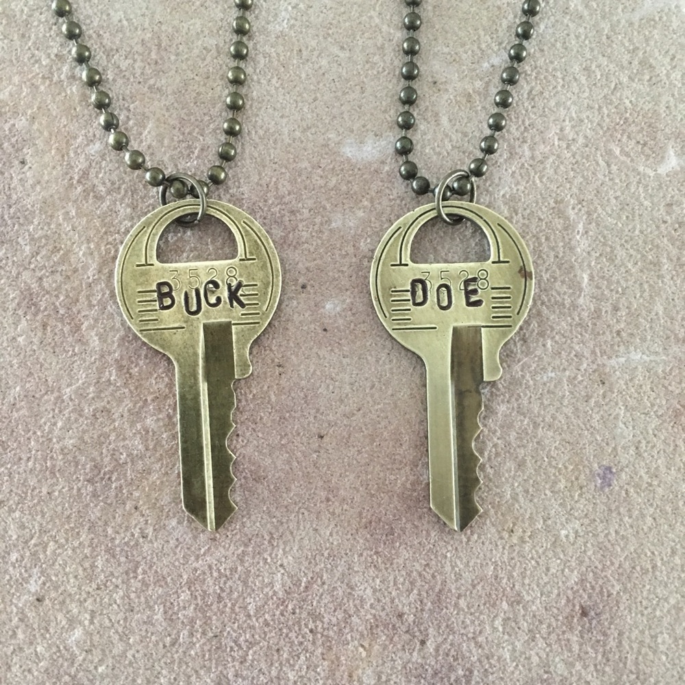 HAND CRAFTED Vintage Key Necklace Wedding Gift Set BUCK DOE Hand Stamped